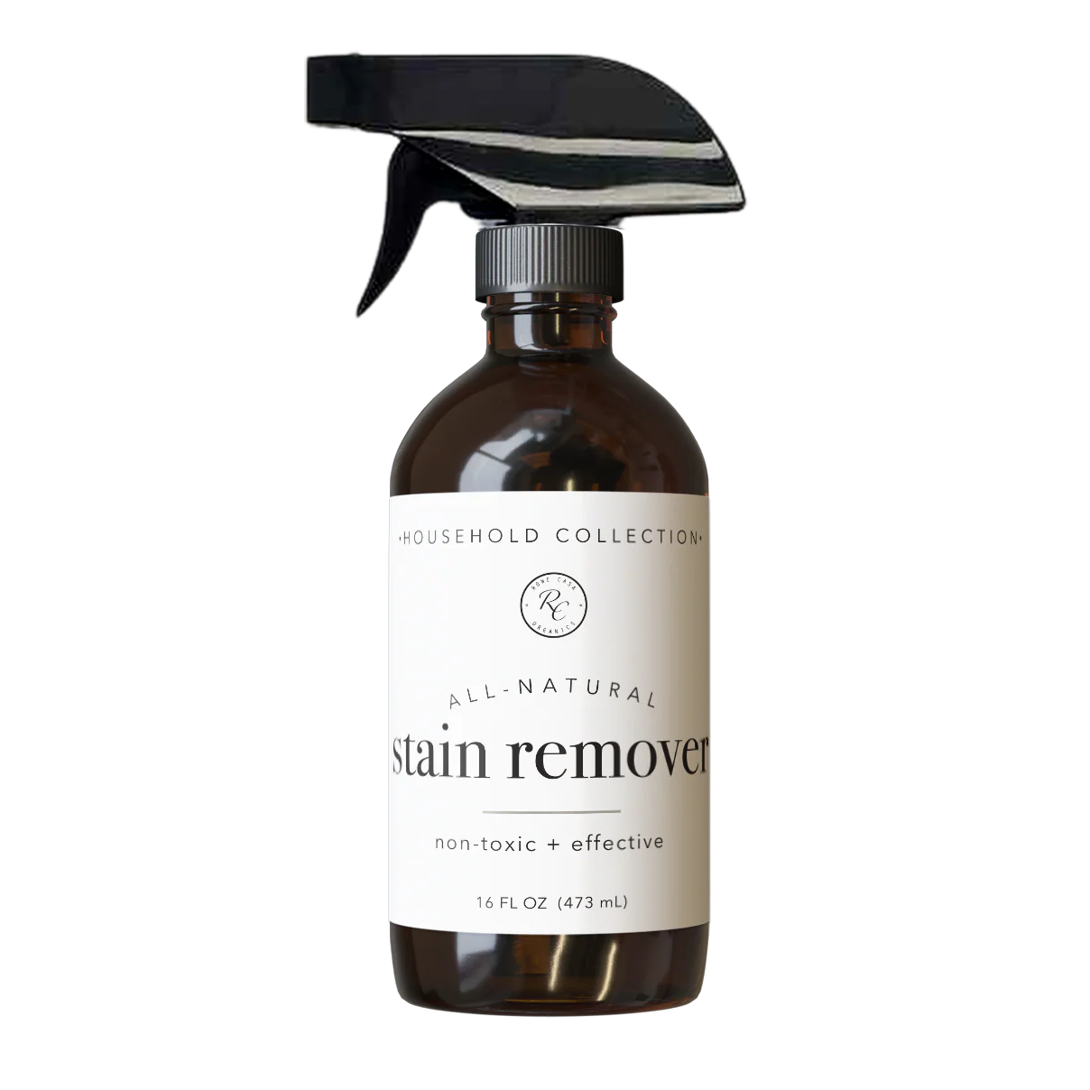 Brown spray bottle with a label on a white background