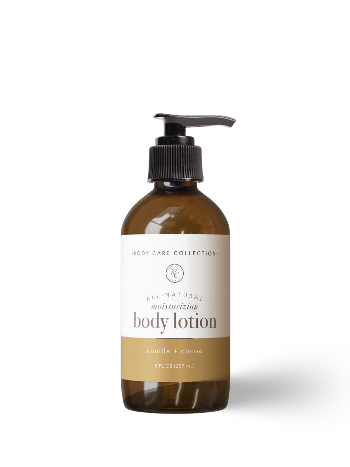 Body lotion bottle with a label on a white background