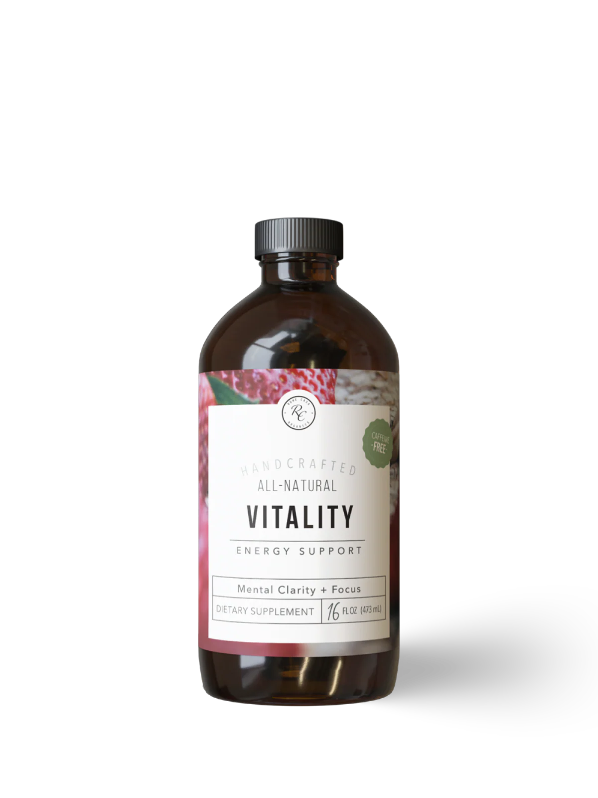 Bottle of 'Vitality' supplement with a label on a white background
