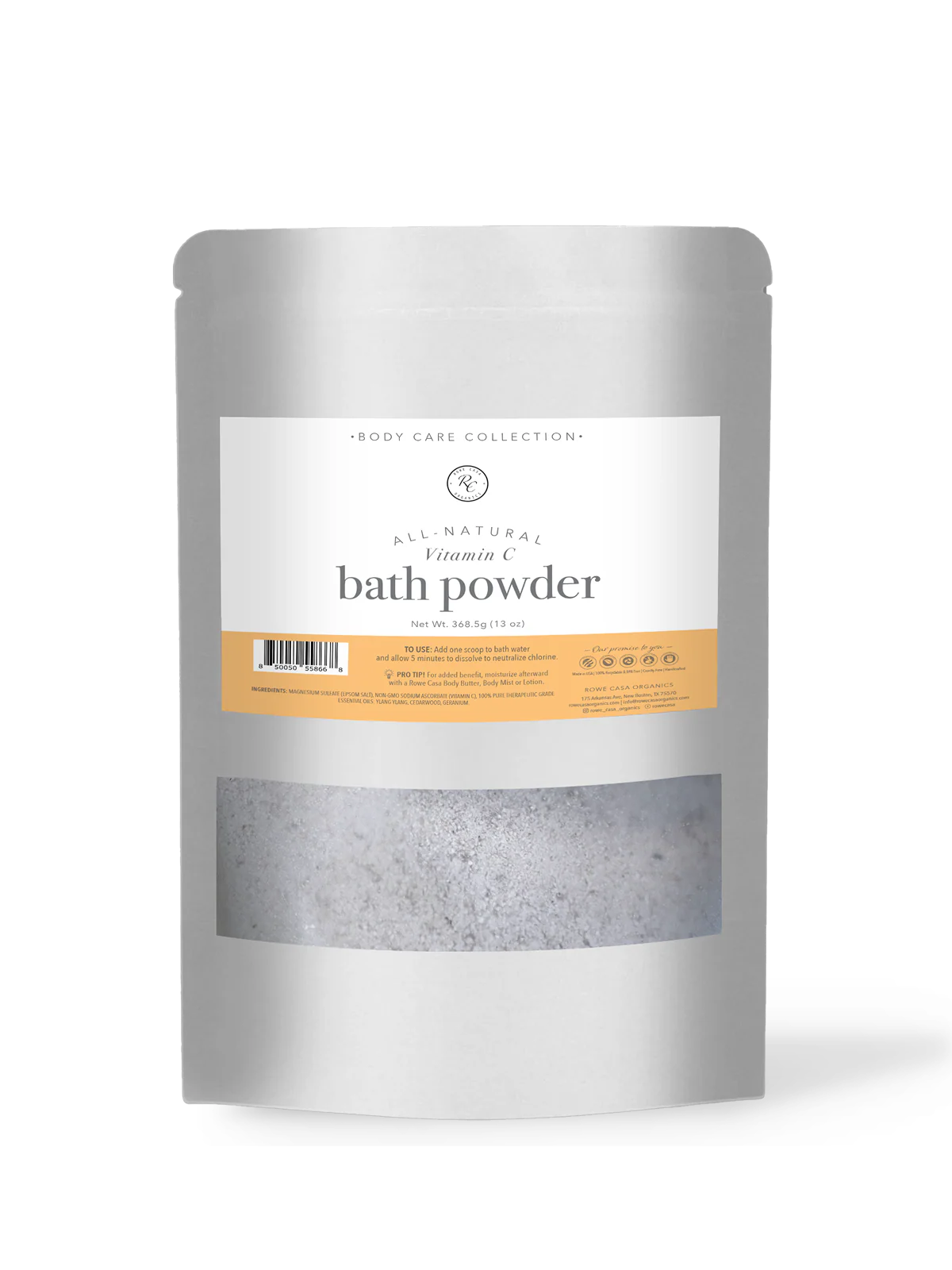 Bath powder packaging with a label on a white background