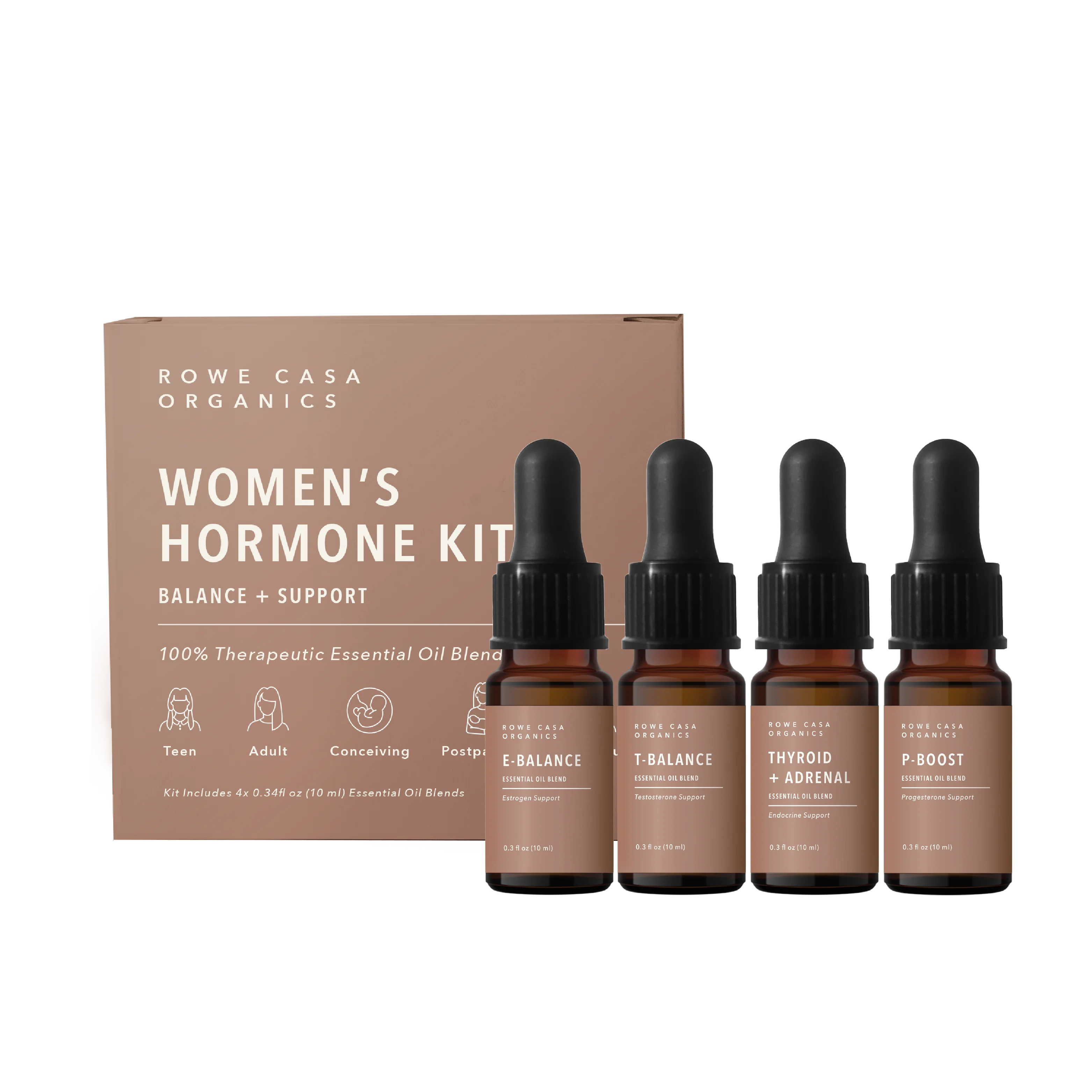 Rowe Casa Organics Women's Hormone Kit with essential oil droppers on a white background