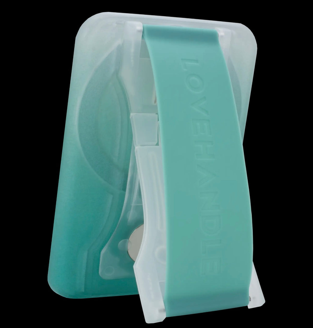 A mint green and translucent white Salt Air Motif LoveHandle Pro & Magsafe Adapter Combo against a solid black background. The brand name 'LOVEHANDLE' is embossed vertically on the front strap.