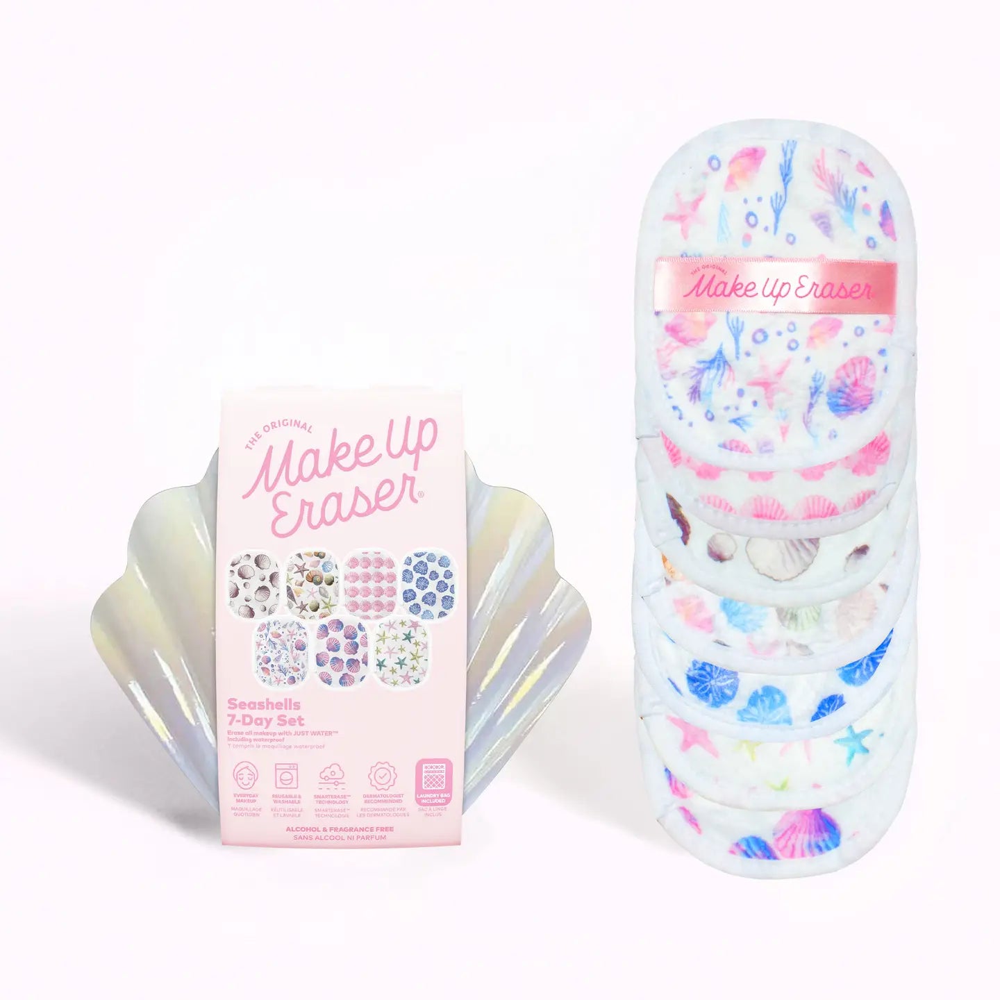 Seashell case on the left with 7 patterned makeup erasers on the right. 