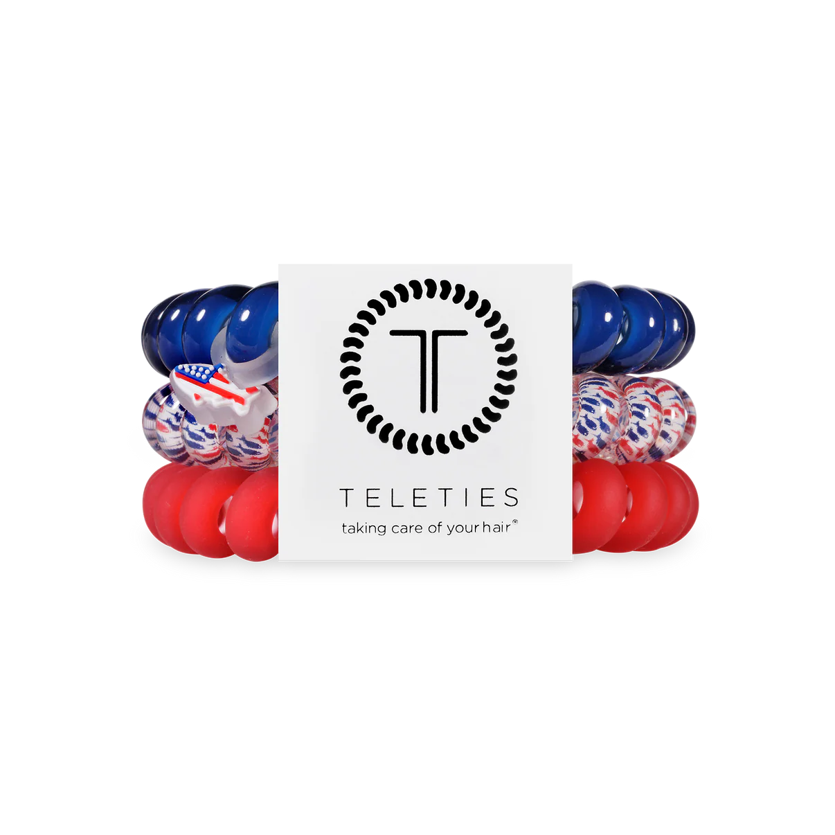 Set of red, blue, and white hair ties with 'Teleties' branding on a white background