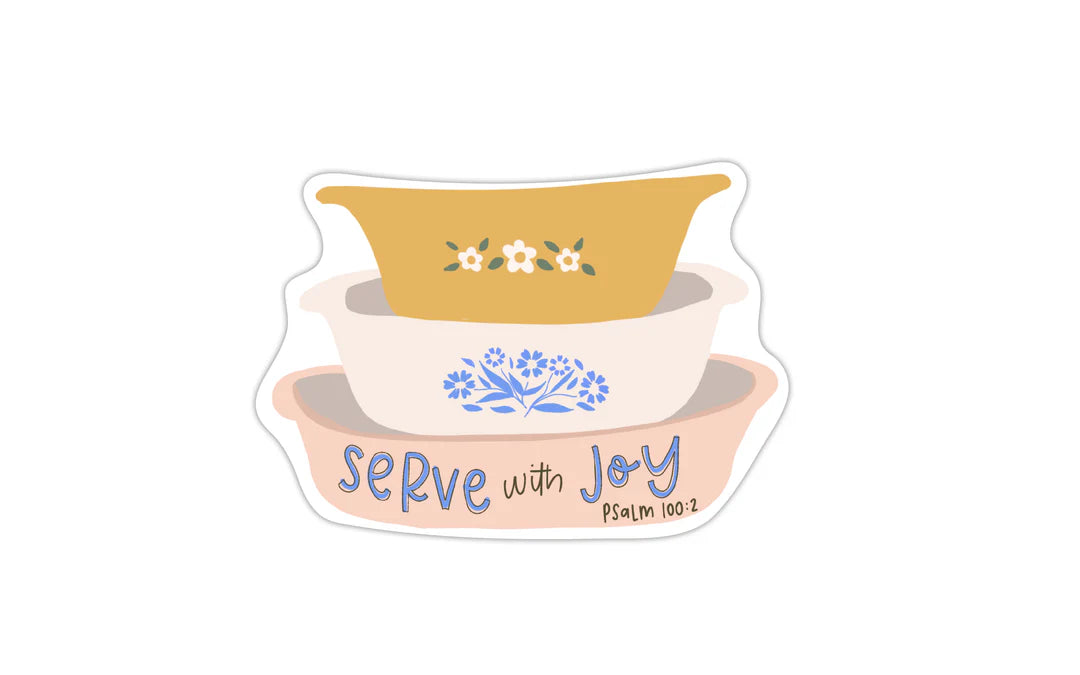 Decorative bowls with floral designs and 'Serve with Joy' text on a white background