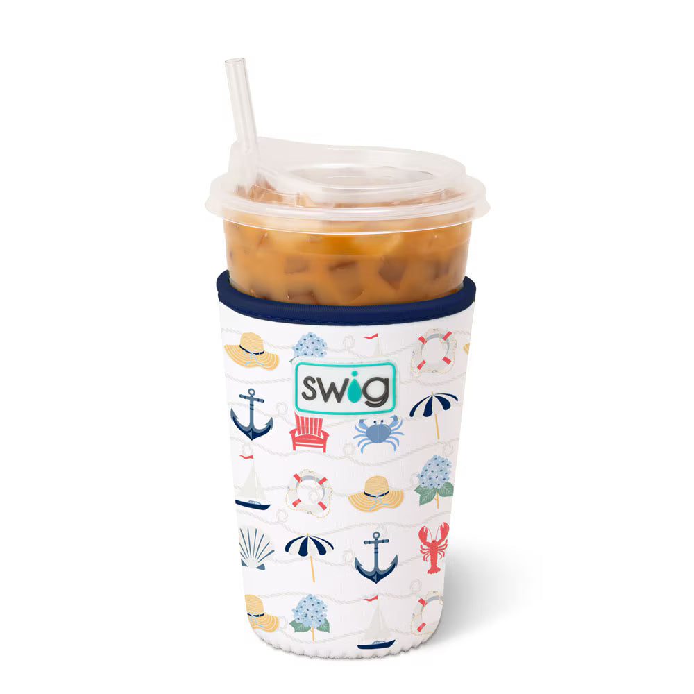 Swig cup with a patterned sleeve on a white background