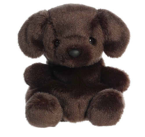A dark brown plush puppy toy with floppy ears, black bead eyes, and a black nose, sitting against a plain white background.