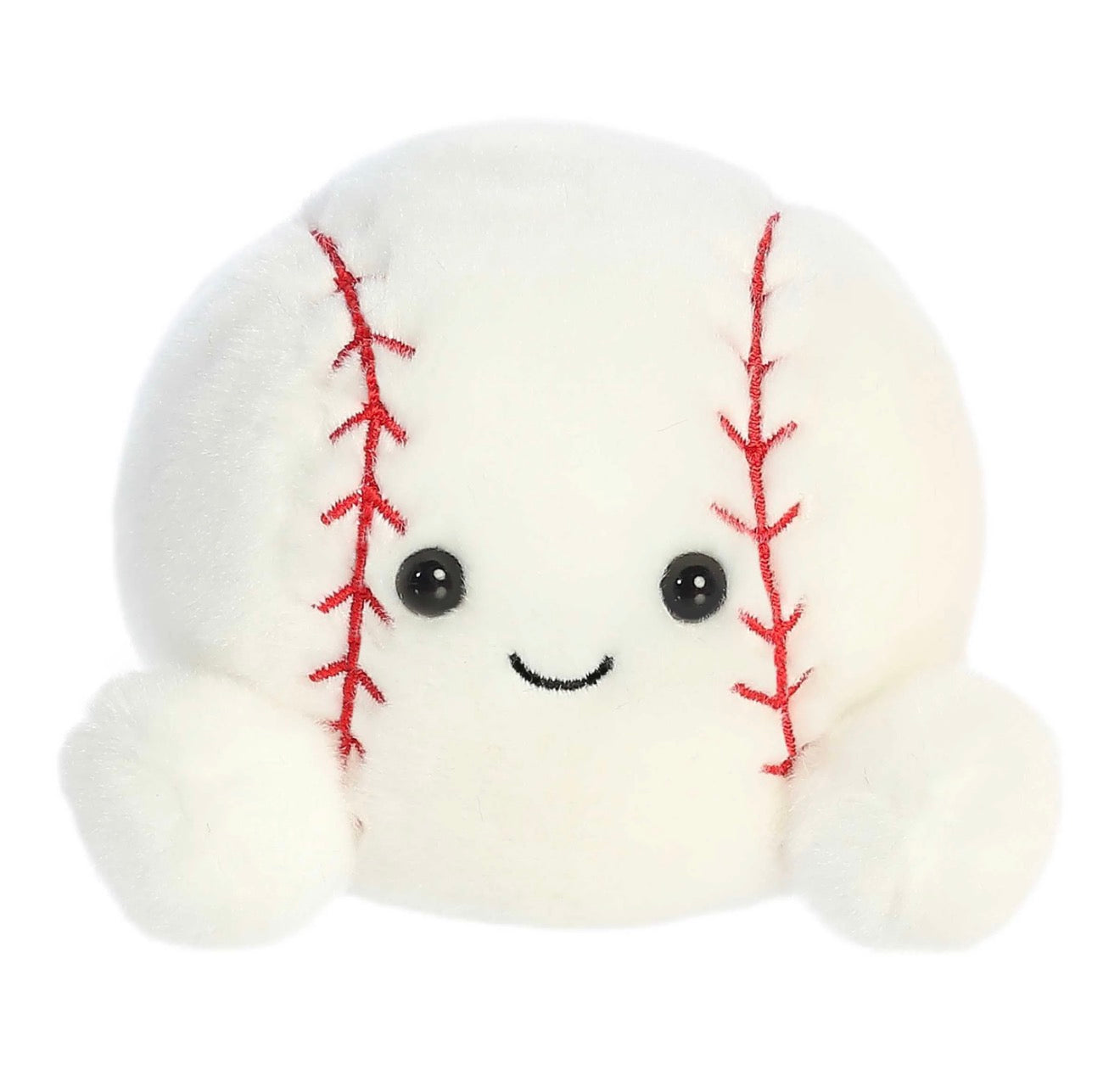 A white plush baseball toy with embroidered red seams, black eyes, and a small black smile on a plain white background.