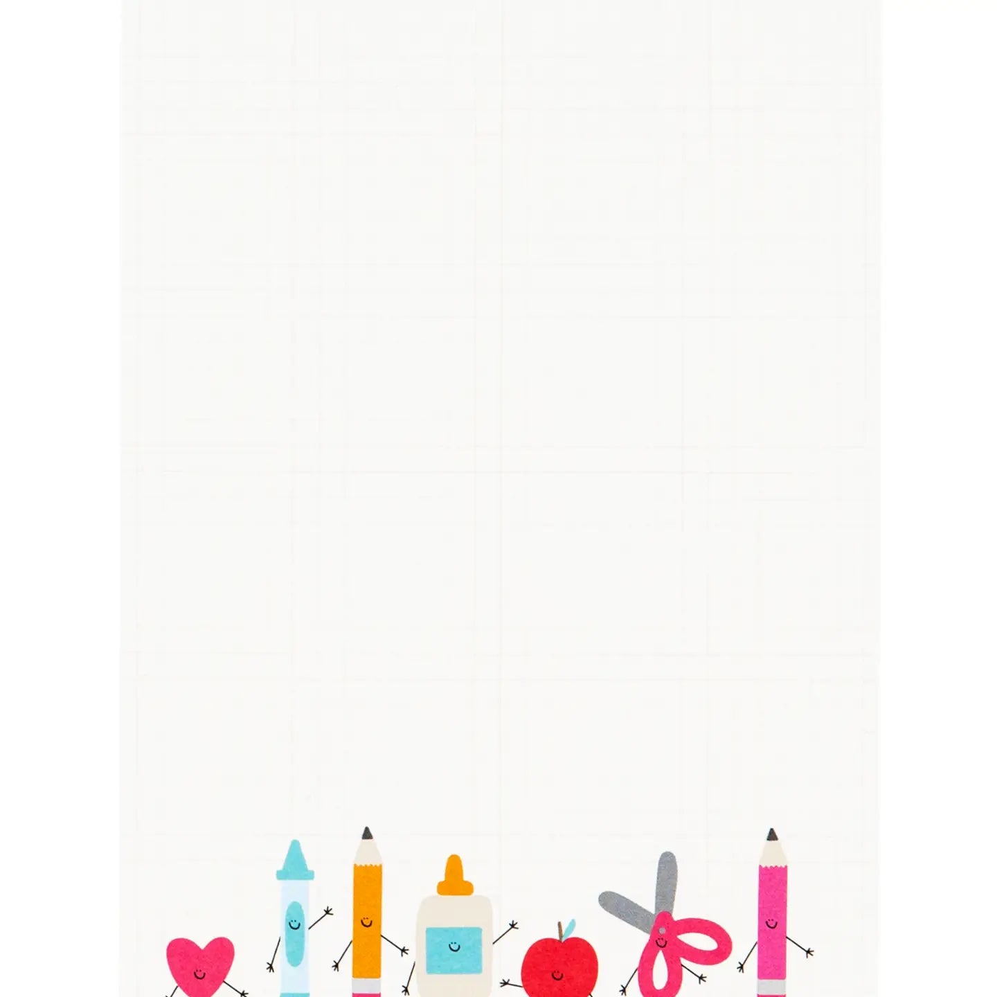 A white sheet of paper with a cute, colorful illustration of school supplies along the bottom edge, including a pink heart, blue marker, orange pencil, glue bottle, scissors, and pink pencil.