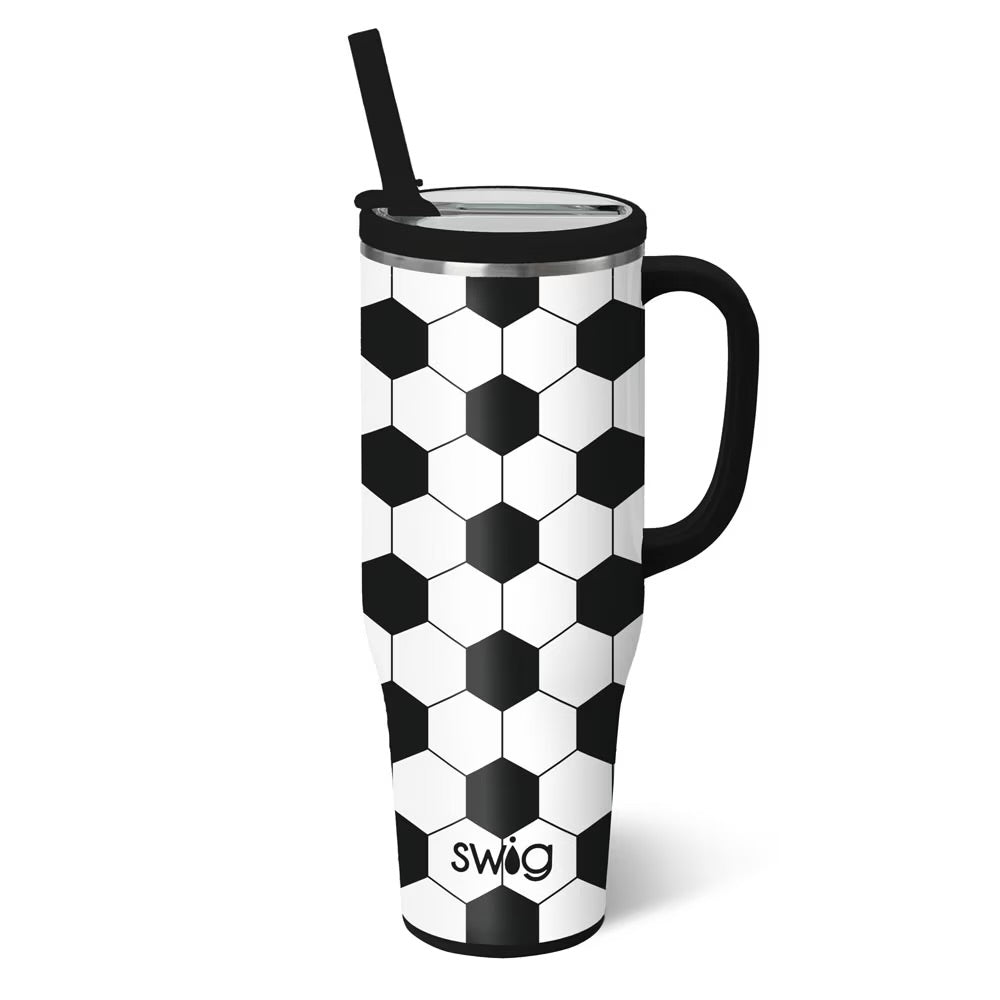Black and white geometric patterned mug with 'swig' branding on a white background