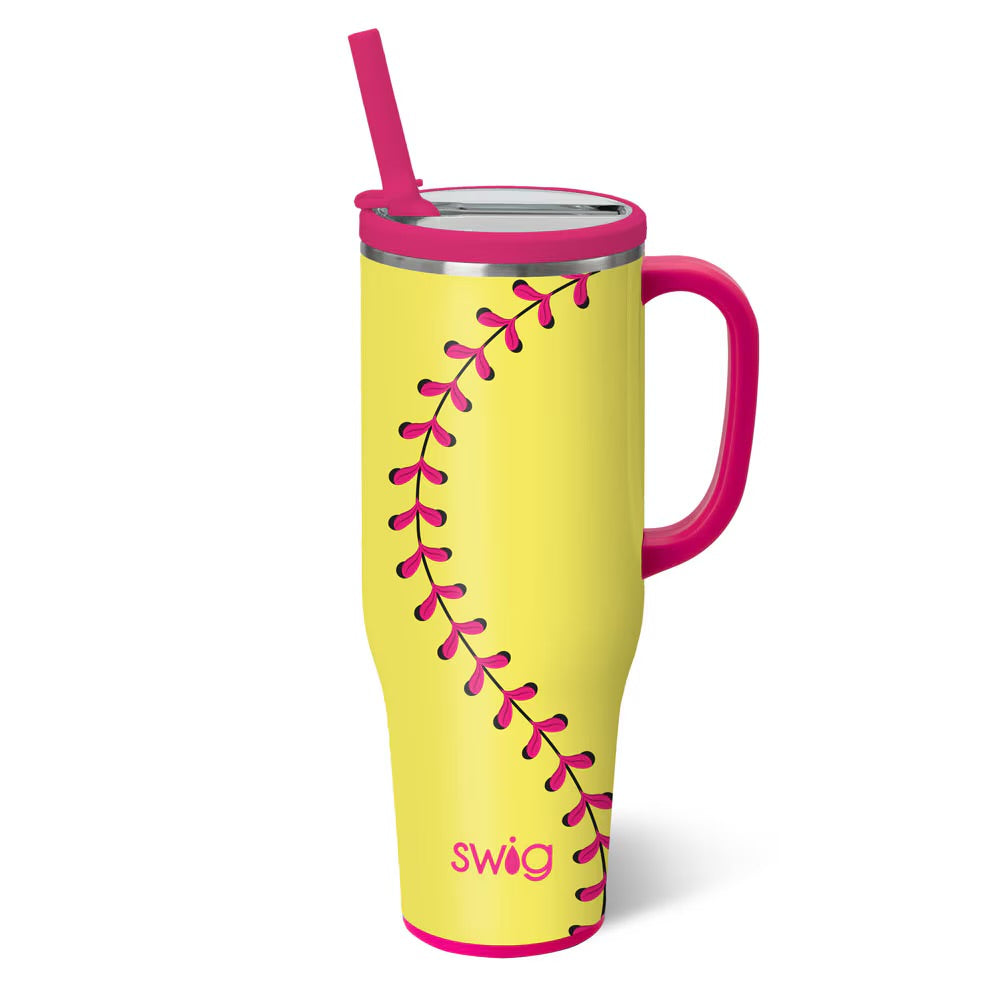 Yellow tumbler with pink handle and lid, featuring a softball design, on a white background.