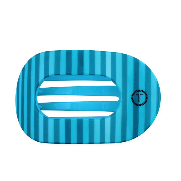 Blue striped flat round TELETIE clip. 