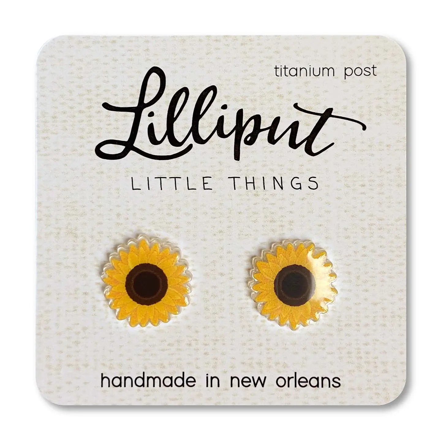 Sunflower earrings on a Lilliput Little Things card with 'handmade in New Orleans' text.