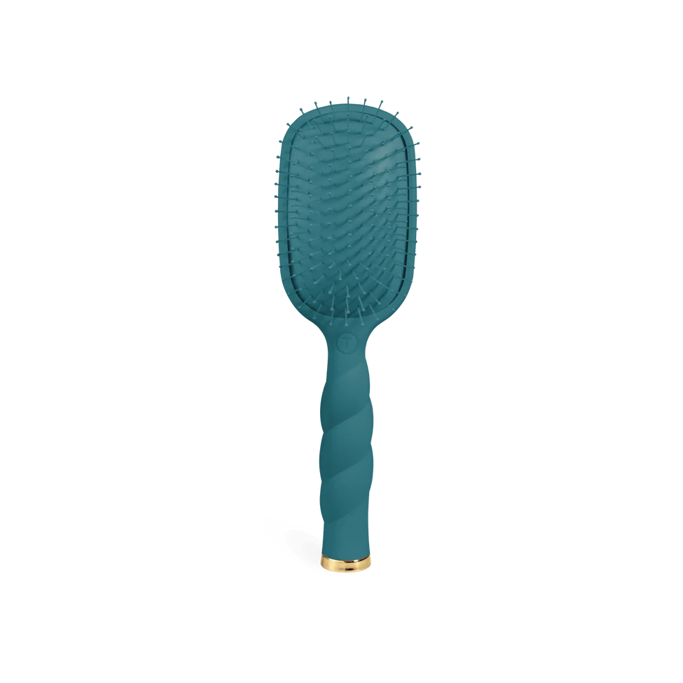 A teal blue paddle hairbrush with a twisted handle and a small gold accent at the base, shown against a plain white background.