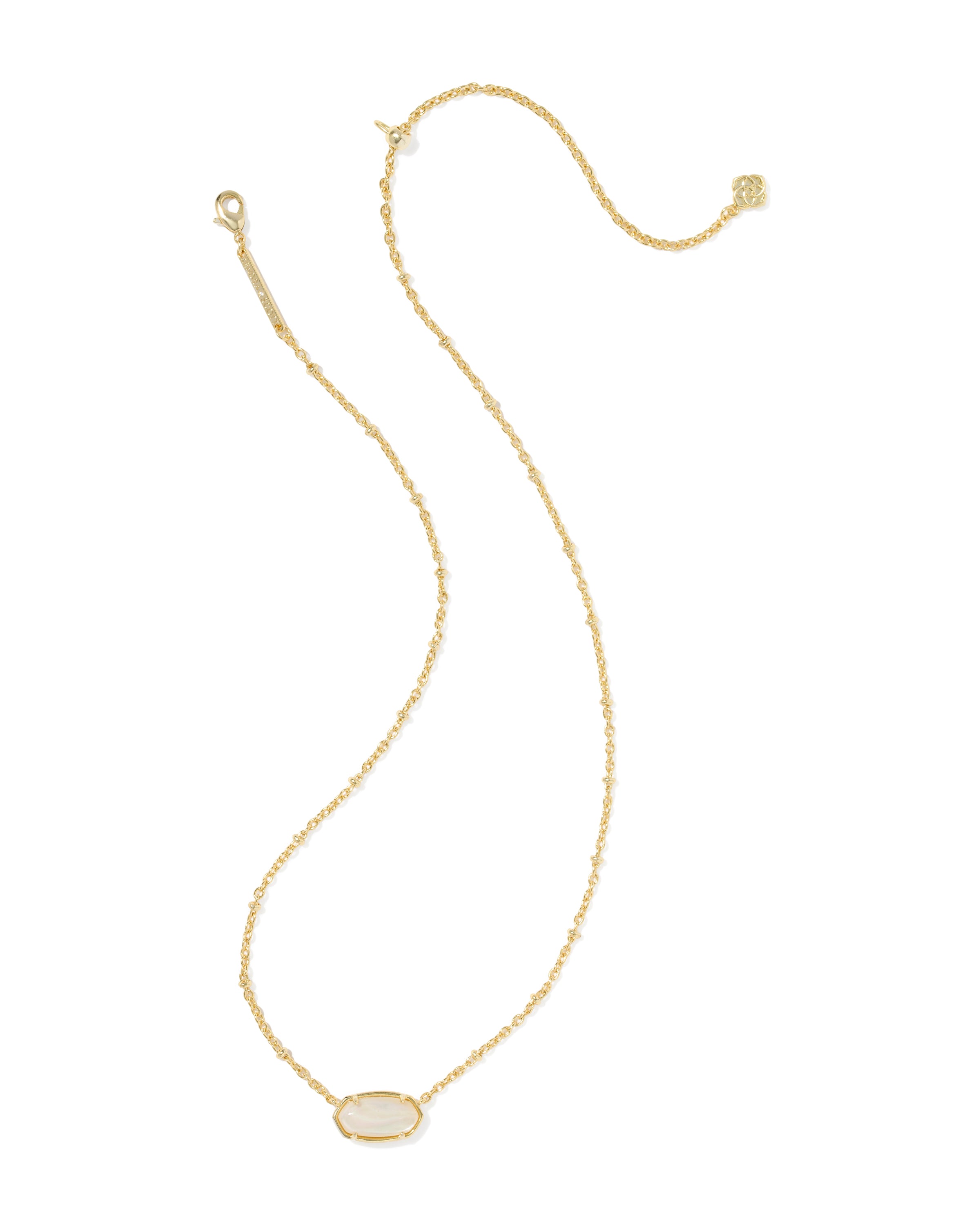 A delicate gold chain necklace with a small oval bezel-set pale cream stone pendant, displayed on a clean white background.