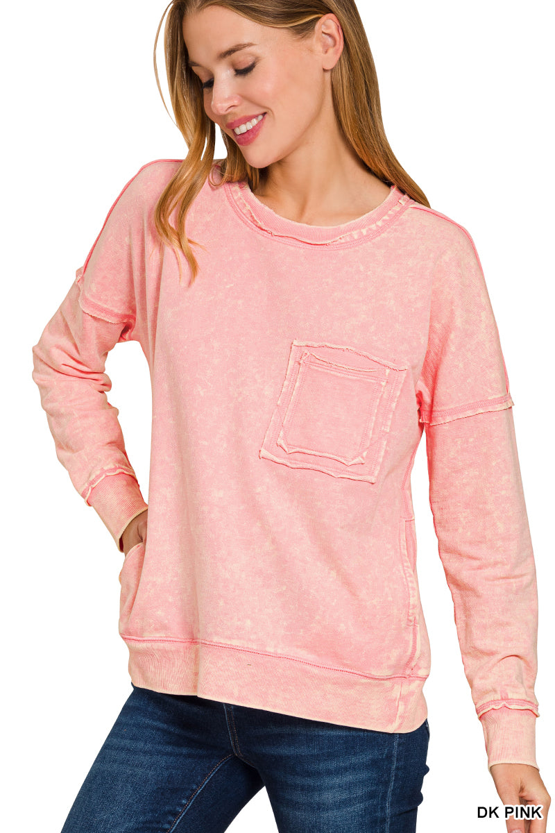 Pink | Acid Wash Pocket Pullover