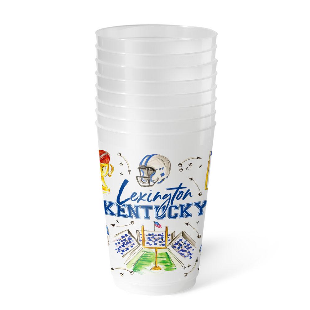 Frosted plastic cup with Lexington Kentucky in blue written across it on a white background.