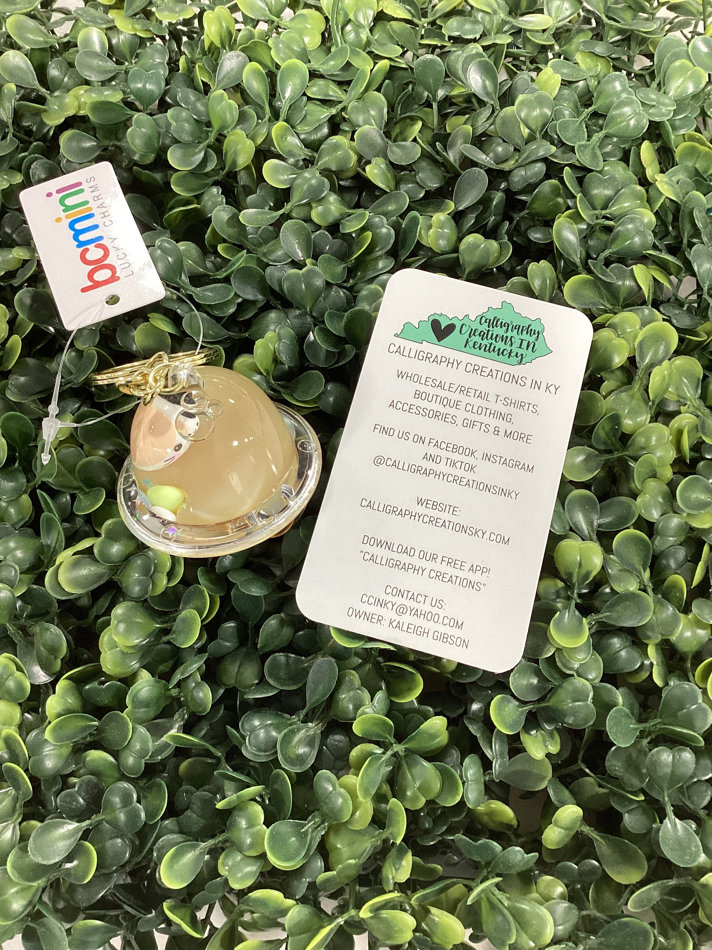 Small keychain on a green leafy background with cat inside keychain