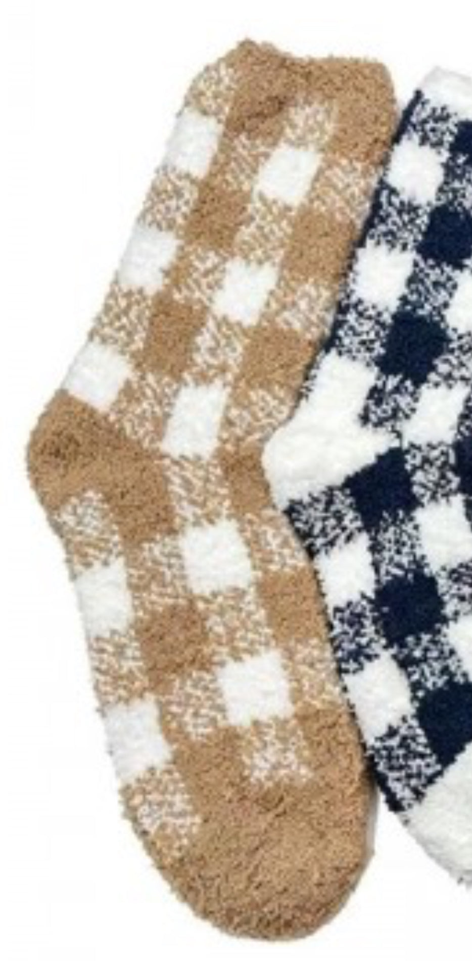 Two pairs of fuzzy checkered socks on a white background, one in tan and white and the other in navy and white.