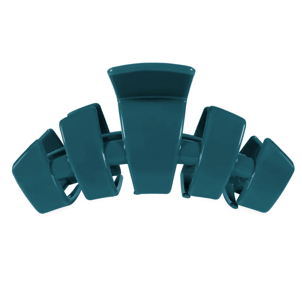 A glossy dark teal hair claw clip shown against a solid white background.