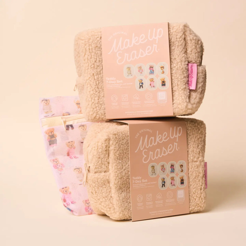 Two beige fluffy bags with laundry bag for erasers. 
