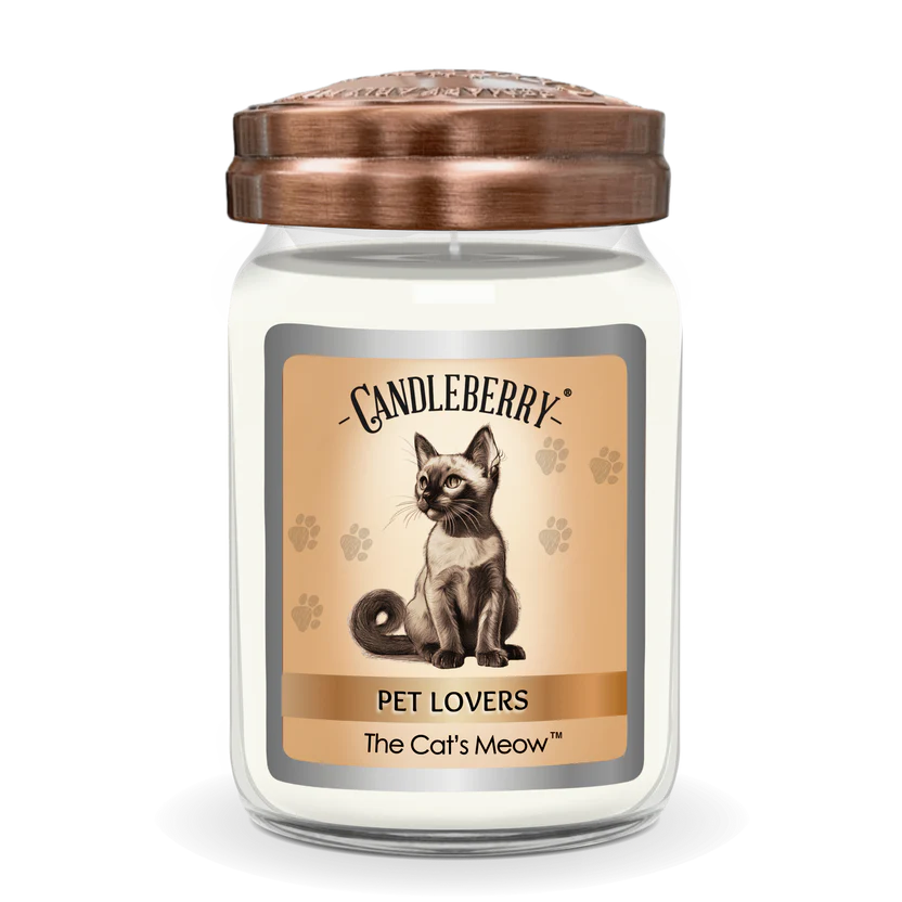 A jar candle with a cat illustration on the label, titled 'The Cat's Meow', indicating it is part of the 'Pet Lovers' collection.