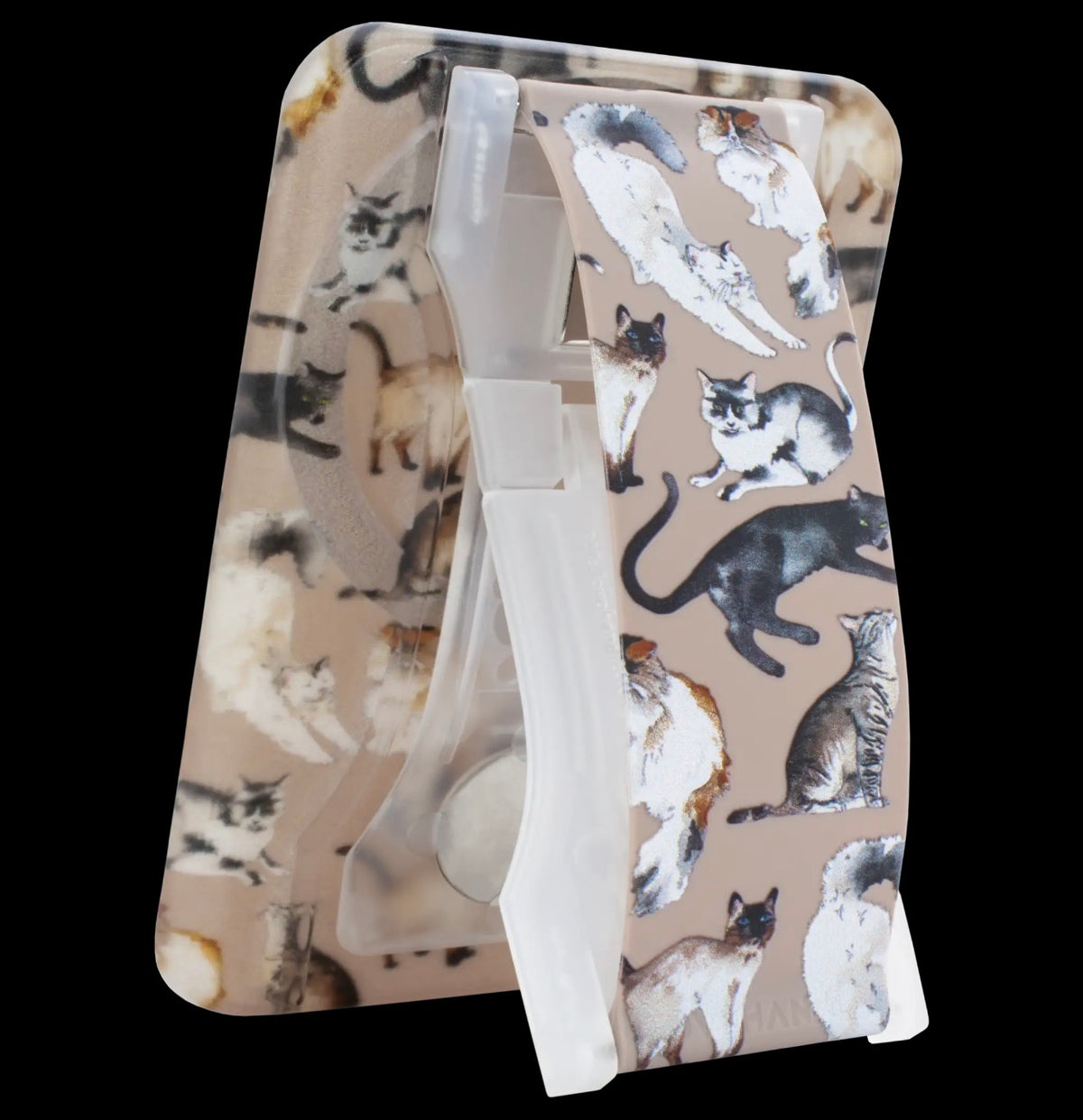 A The Unbothered By the Mint Garden LoveHandle Pro & Magsafe Adapter Combo featuring watercolor-style illustrations of cats in black, white, gray, and brown tones, shown against a solid black background.