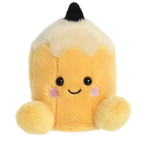 A cute, soft plush toy shaped like a pencil with a smiling face, featuring a yellow body, cream-colored top, and a small black tip, set against a plain white background.