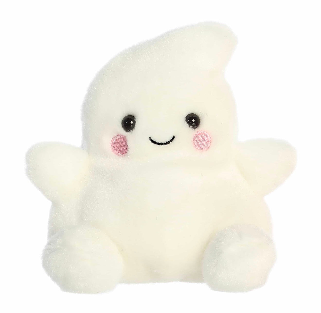 A cute, fluffy white plush toy shaped like a smiling ghost with small pink cheeks and black embroidered eyes, shown against a plain white background.