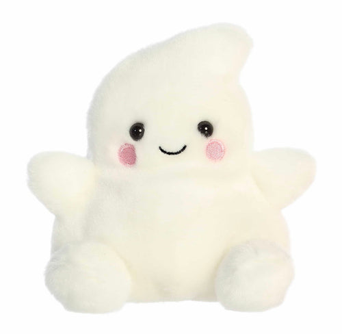 A cute, fluffy white plush toy shaped like a smiling ghost with small pink cheeks and black embroidered eyes, shown against a plain white background.