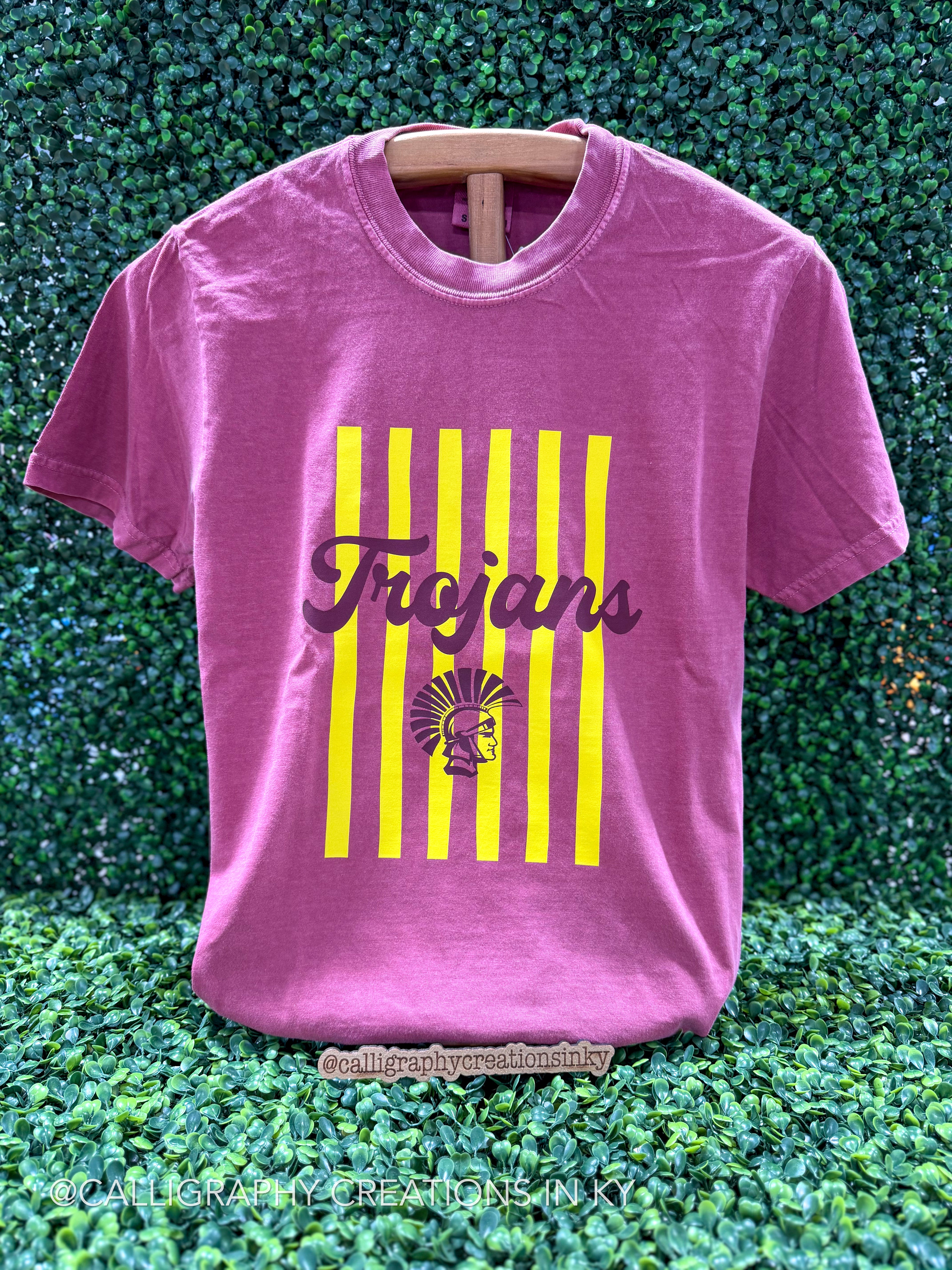 A pink short-sleeve t-shirt with a yellow vertical stripe graphic and the word 'Trojans' in dark purple script, displayed on a wooden hanger against a green leaf wall background.