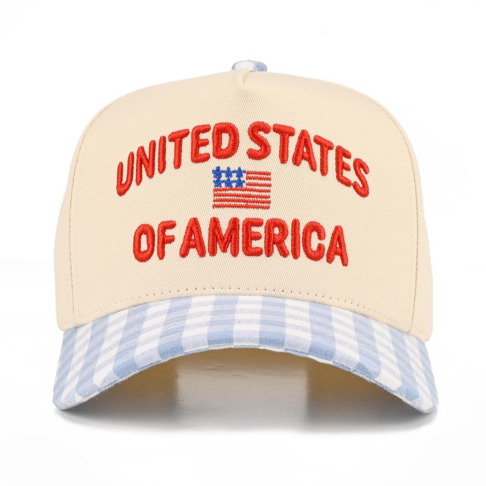 Cap with 'United States of America' text and checkered brim on a white background