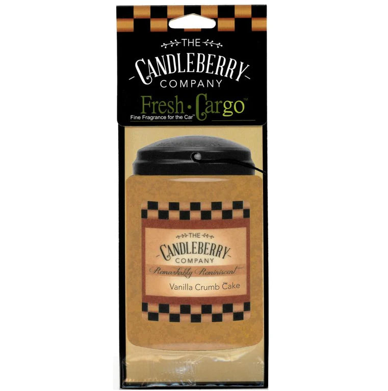 A Vanilla Crumb Cake scented Candleberry Fresh CarGo hanging car scent, packaged in a black and gold wrapper with a checkered design at the top and bottom.