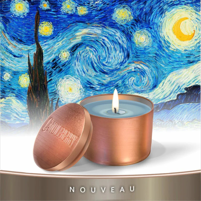 A candle with a blue tinted wax inside a copper colored tin. The lid of the tin is removed and placed beside the candle.