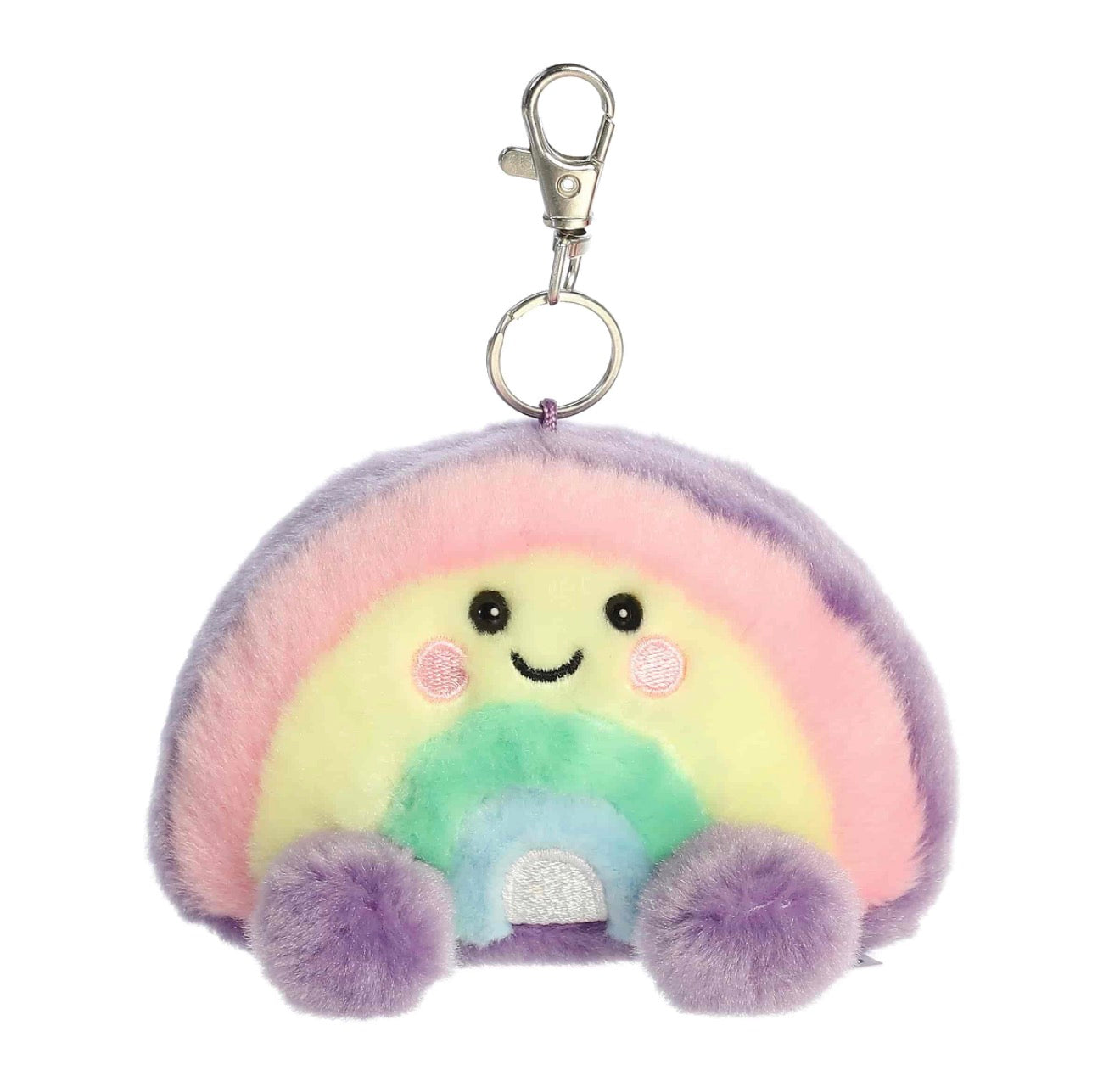 A pastel rainbow plush keychain with a silver lobster clasp, featuring a smiling face and pom-pom feet on a white background.