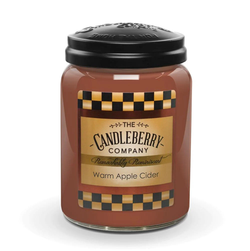 Large candleberry candle with "Warm Apple Cider" scent label on a white background.