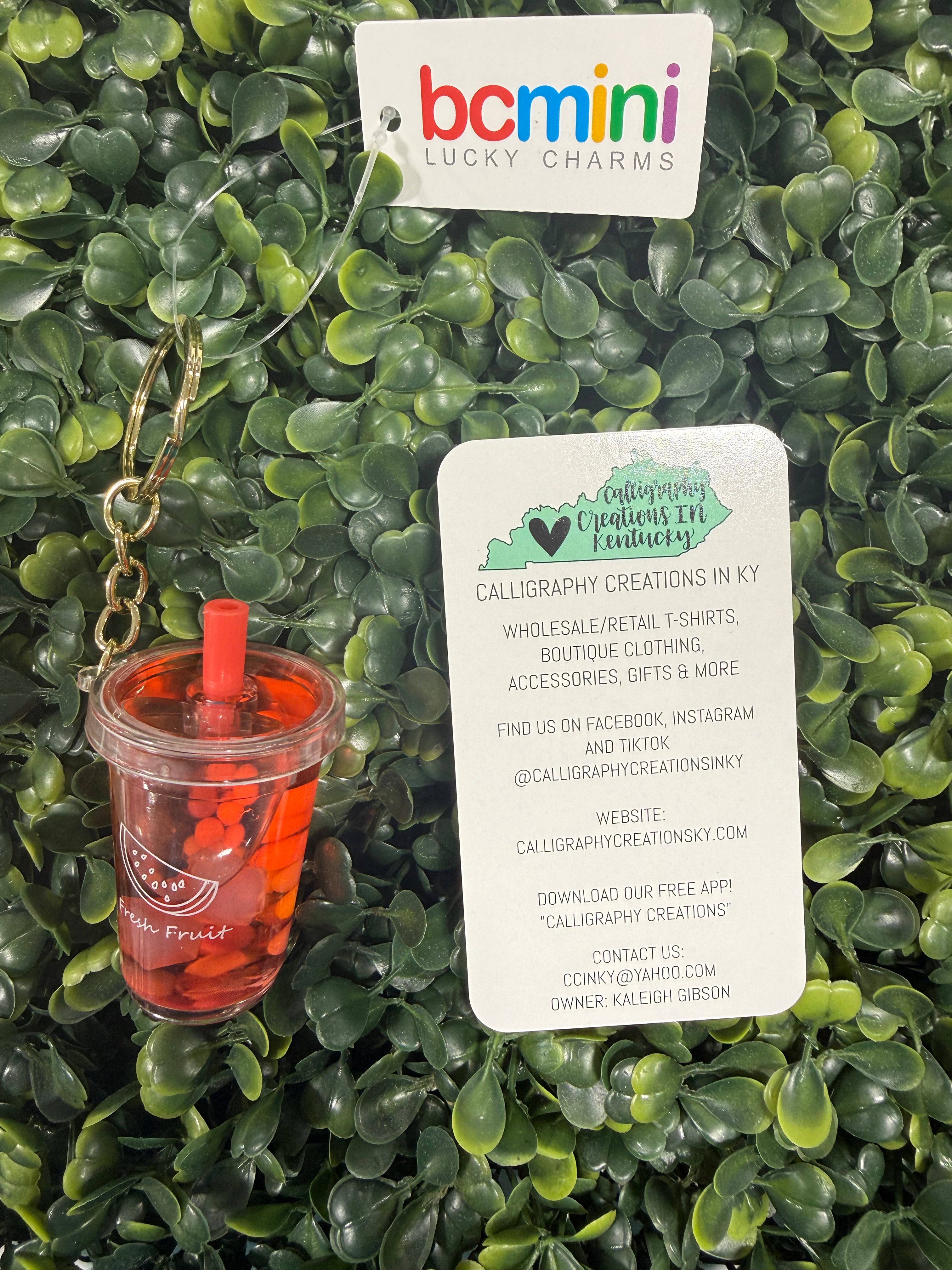 Keychain with a red cup design on a green leafy background with 'bcminilucky charms' label.