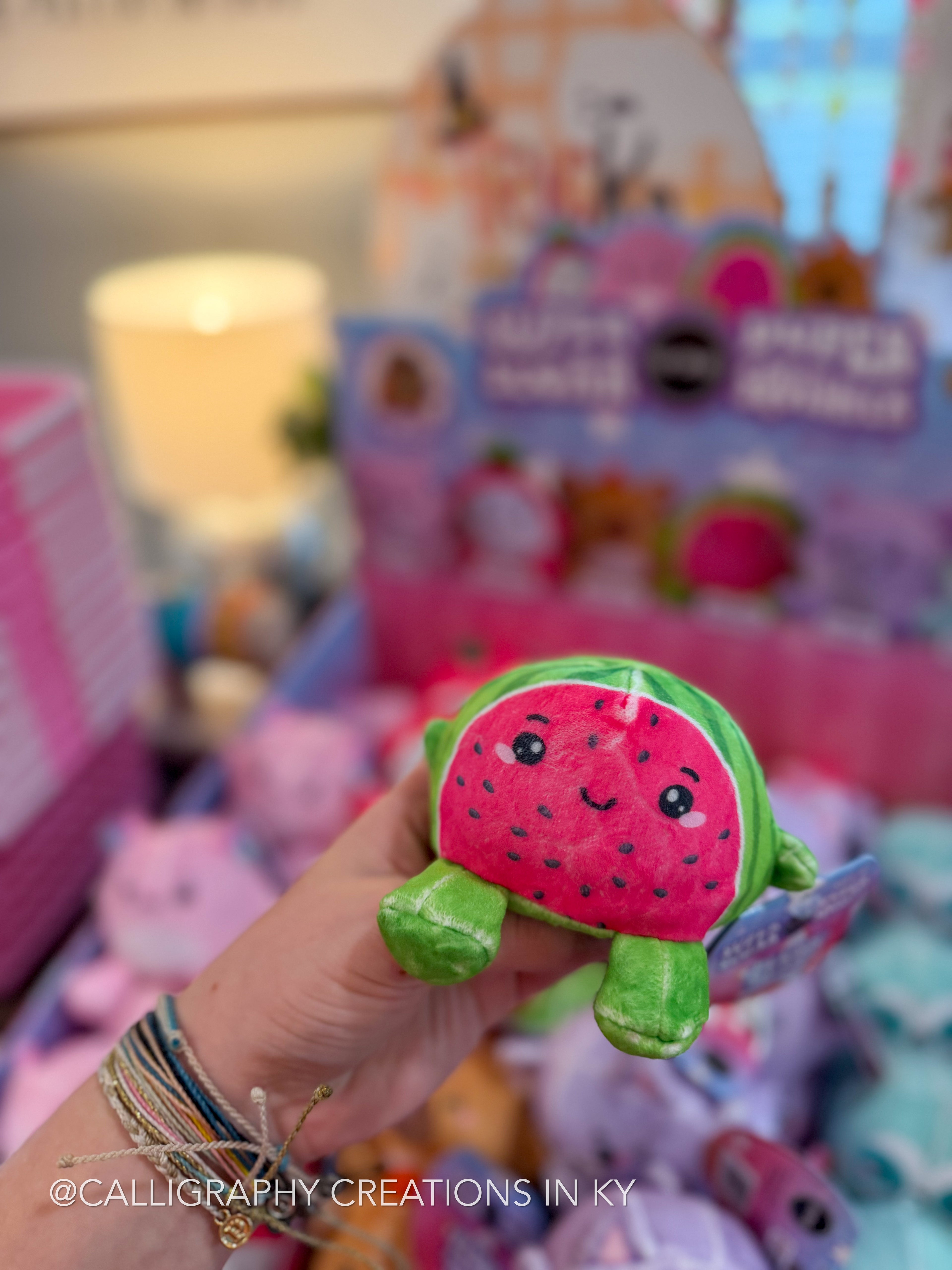 A hand holds a small plush watermelon toy in front of a colorful display of other plushies and packaging in a shop setting.
