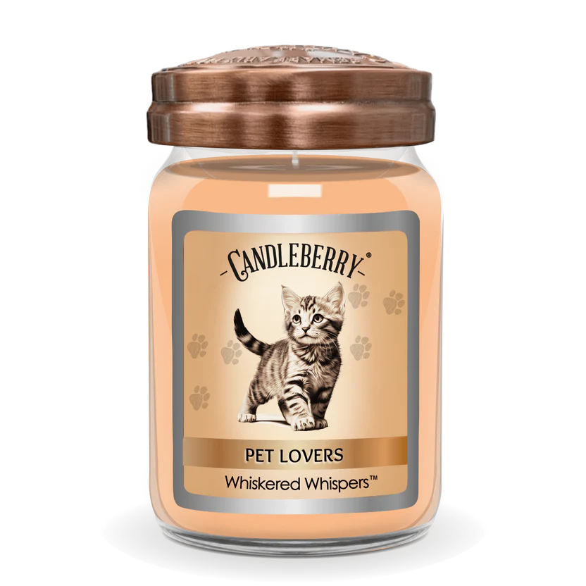 A jar candle with a beige label featuring a whiskered cat, titled 'Pet Lovers' and branded as 'Candleberry'.