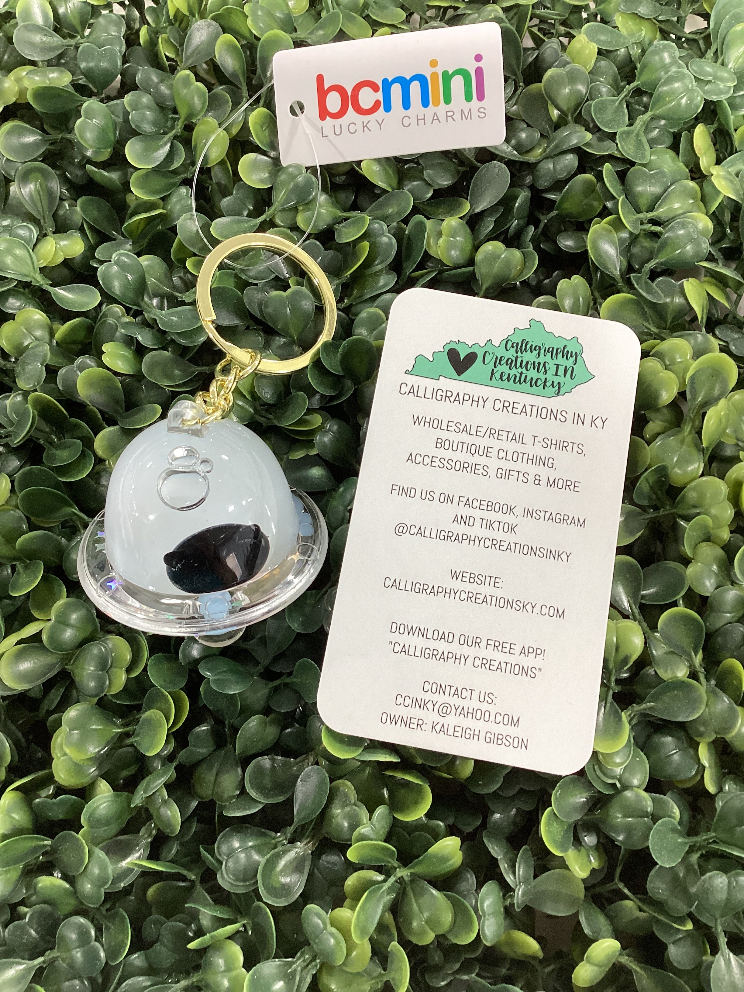 Small keychain with a black and white design on green leafy background