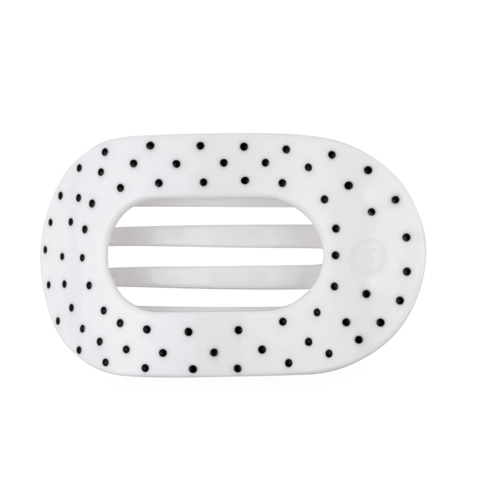 White Polka Dot Party - Flat Round TELETIES Hair Clip with black polka dots and a central horizontal slot, shown on a plain white background.