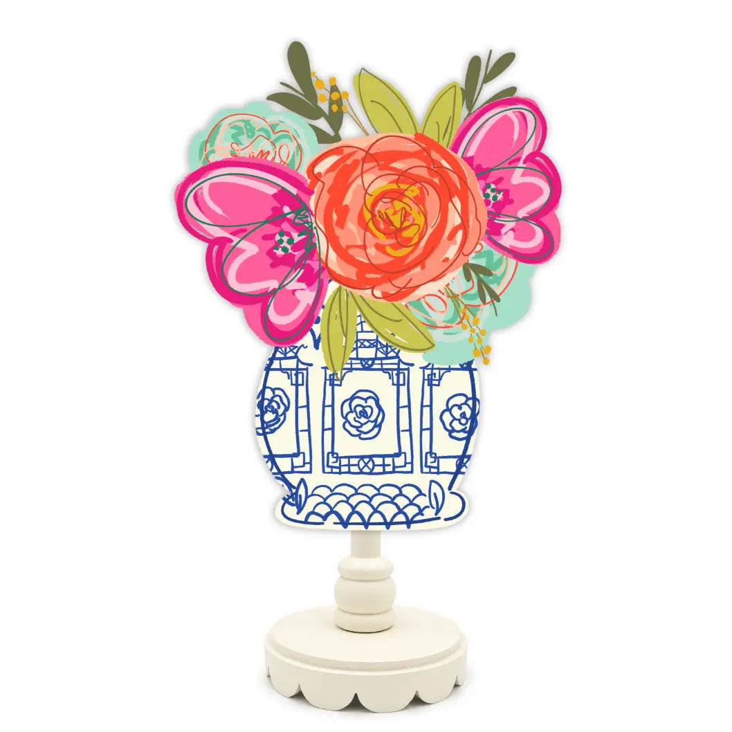 Multi color flower vase design printed on wood and is a wooden topper, fitted on a stand from Doodles By Rebekah, with a white background.