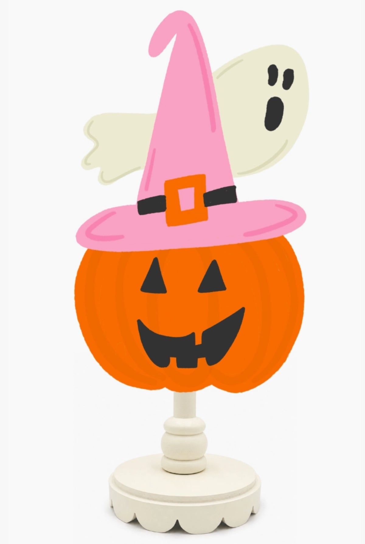 A Halloween-themed decorative standee featuring a smiling orange jack-o'-lantern pumpkin wearing a pink witch hat, with a cream ghost behind it on a white background.