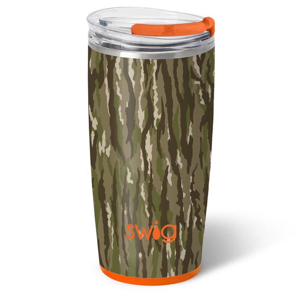 Camouflage-patterned tumbler with orange accents on a white background