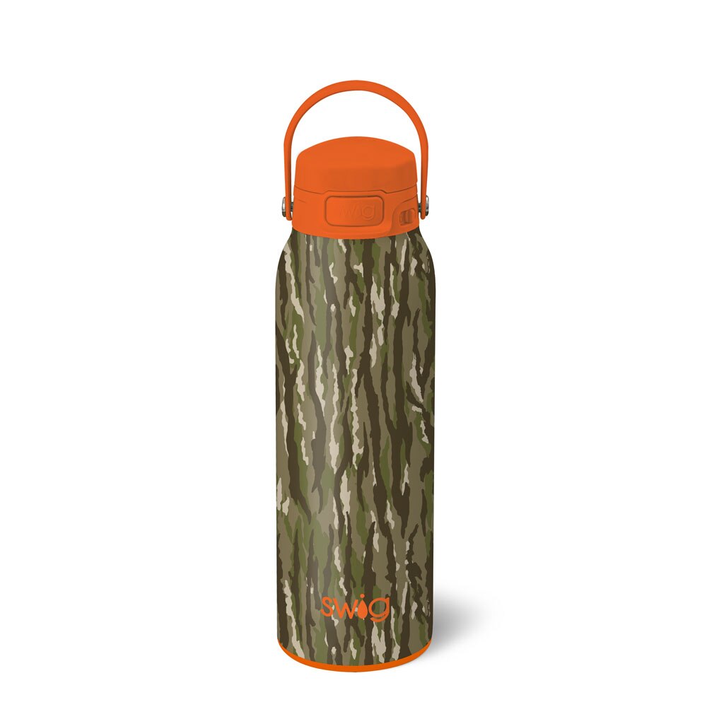 Woodland Camo 32 oz Swig Leakproof EZ Fill Bottle on a beige background