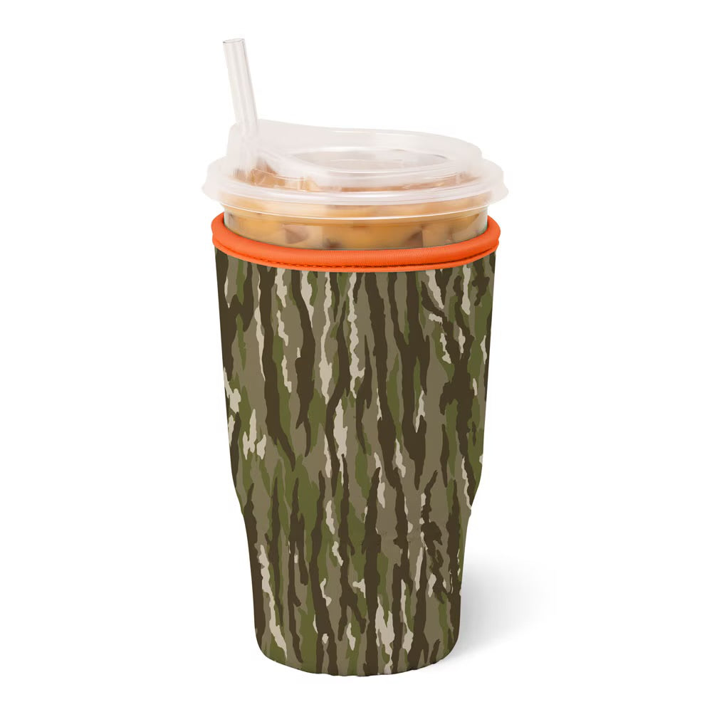 Camouflage coolie with orange rim and straw on a white background