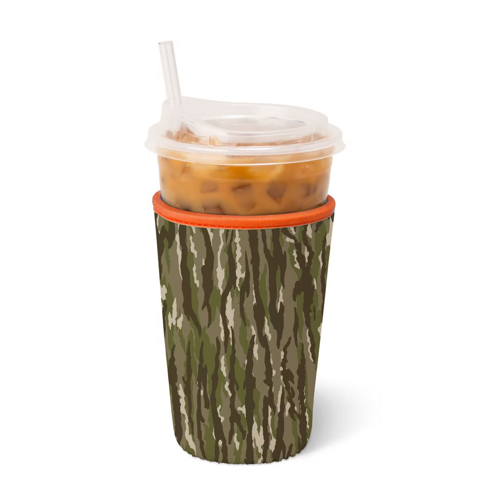 Camouflage-patterned cup coozie with an orange rim on a white background