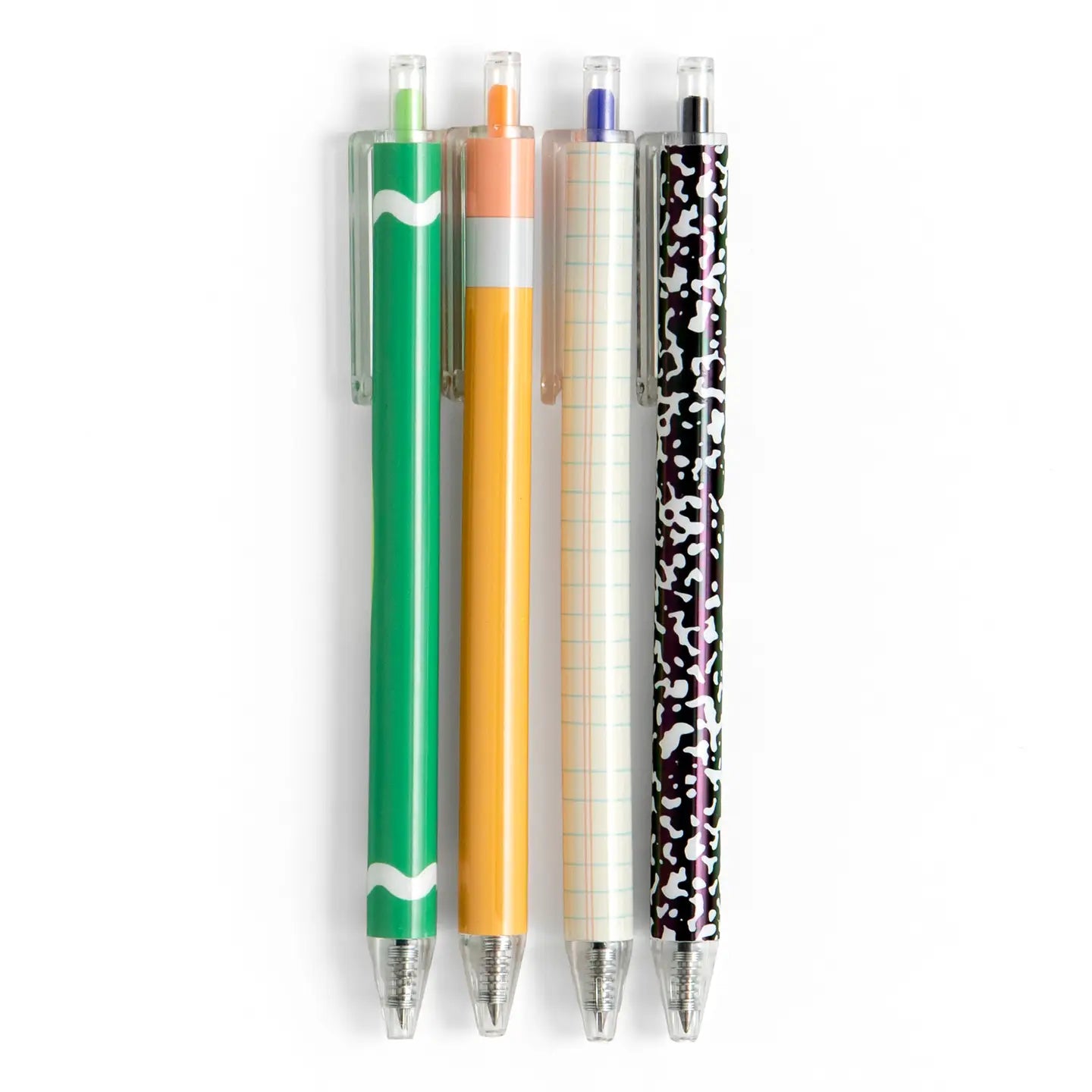 Four pens with different designs and colors on a white background