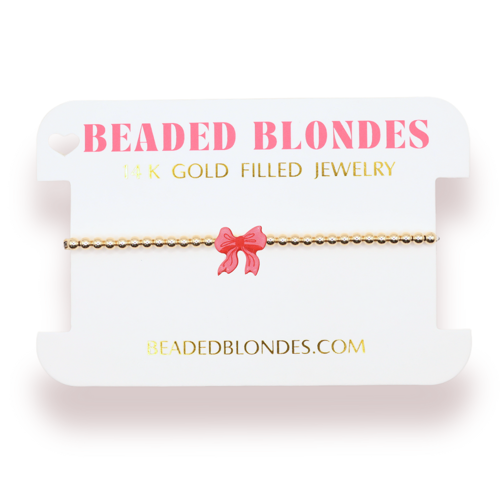 Red Bow Holiday Gold Bracelet: Standard 6.75 Inch | Beaded Blondes