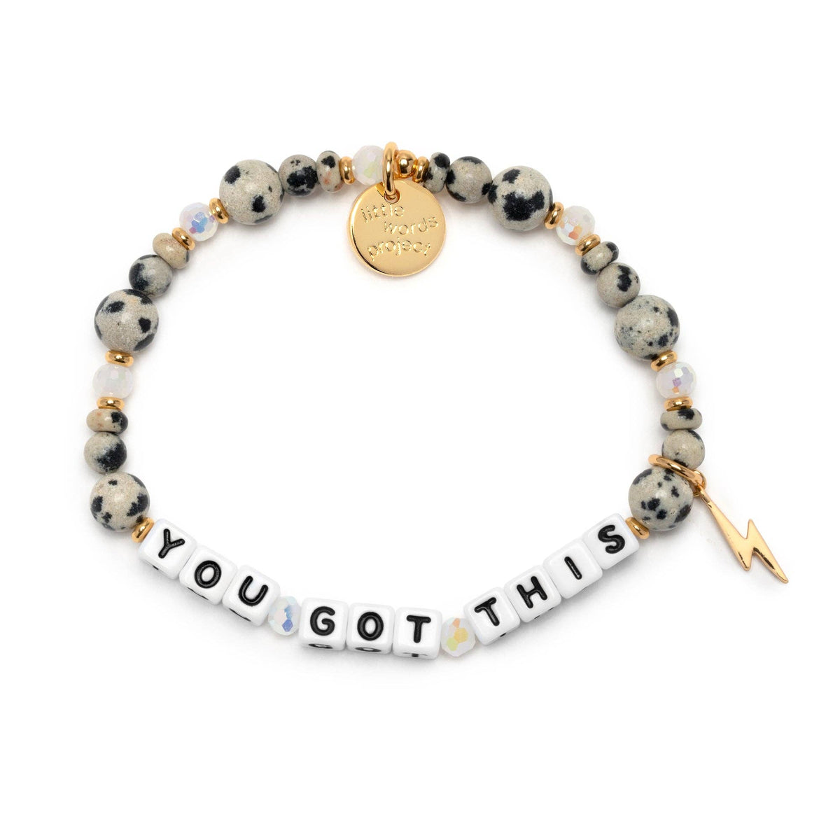 Bracelet with beads and motivational message "YOU GOT THIS" with a gold bolt charm on a white background